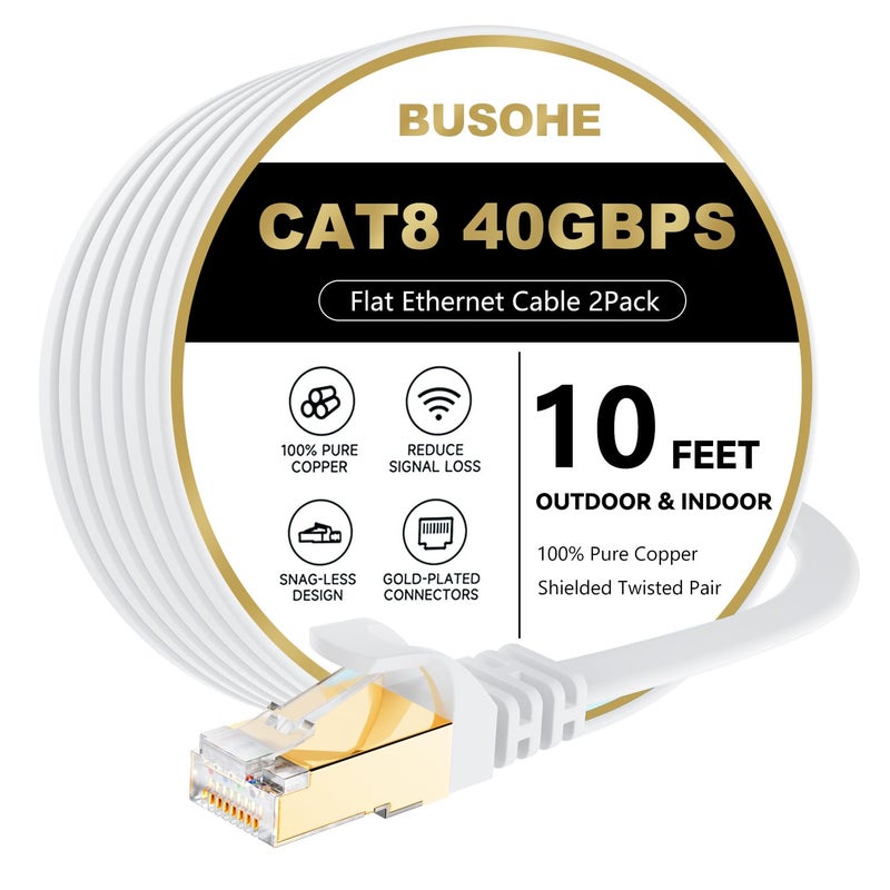 BUSOHE Cat 8 Ethernet Cable 10 FT 2Pack, 40Gbps 2000Mhz High Speed Flat Cat8 Cable Patch Cord with Gold-Plated RJ45 Connector, LAN Network Internet Cable for Router/Gaming/Computer, S/FTP - Image 1